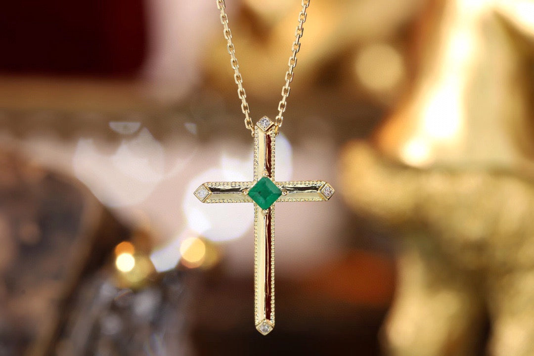 Art Deco 18K Solid Gold Emerald Diamond Cross Pendant Necklace/18K solid gold Cross Pendant/Wedding,Anniversary necklace/gift for her