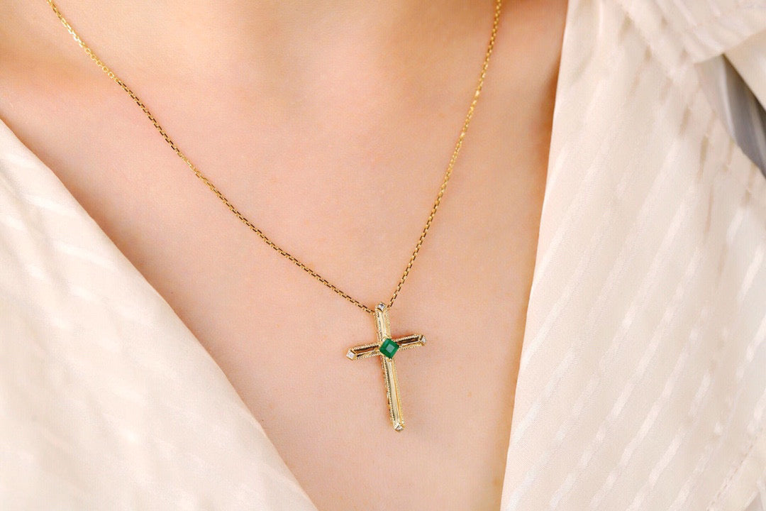 Art Deco 18K Solid Gold Emerald Diamond Cross Pendant Necklace/18K solid gold Cross Pendant/Wedding,Anniversary necklace/gift for her