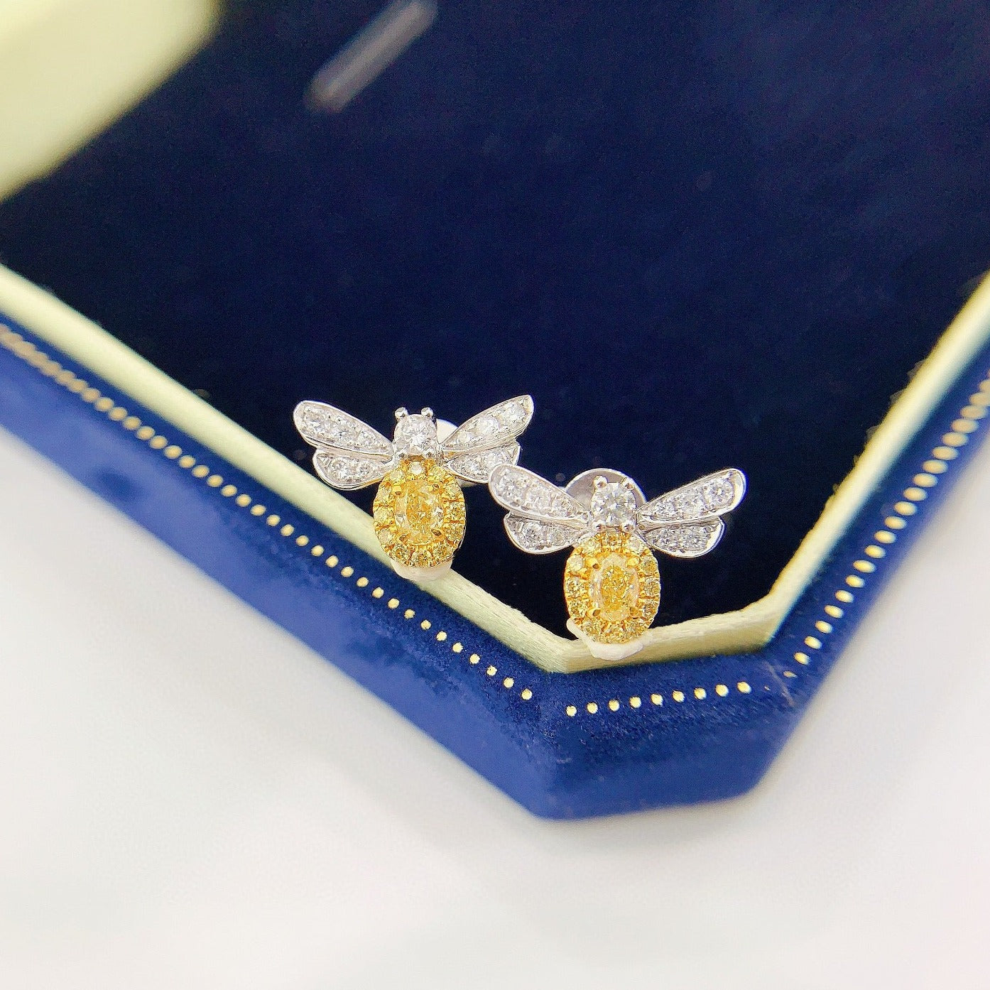 18K Solid Gold Yellow Diamond Bee Stud Earrings