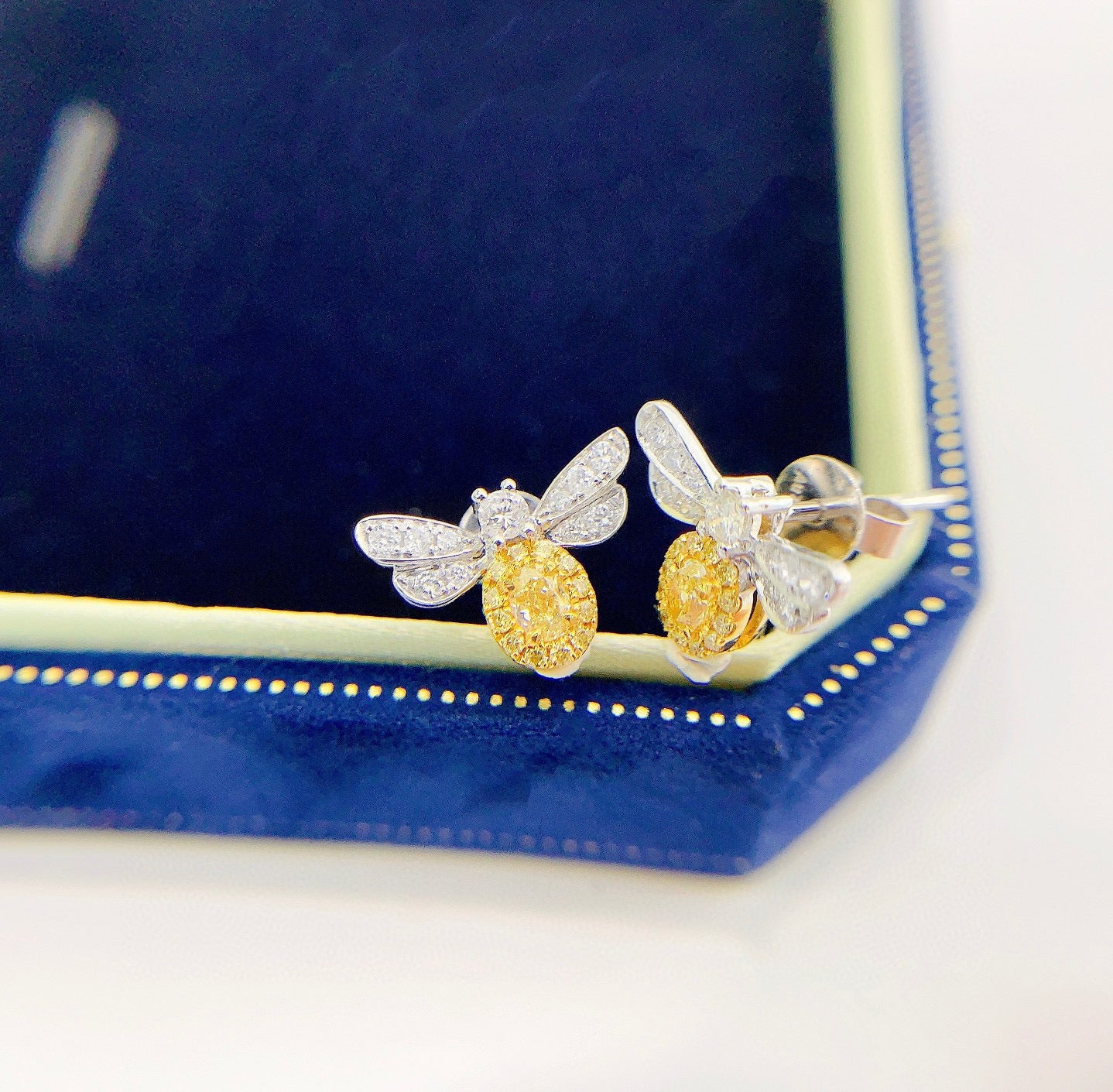 18K Solid Gold Yellow Diamond Bee Stud Earrings