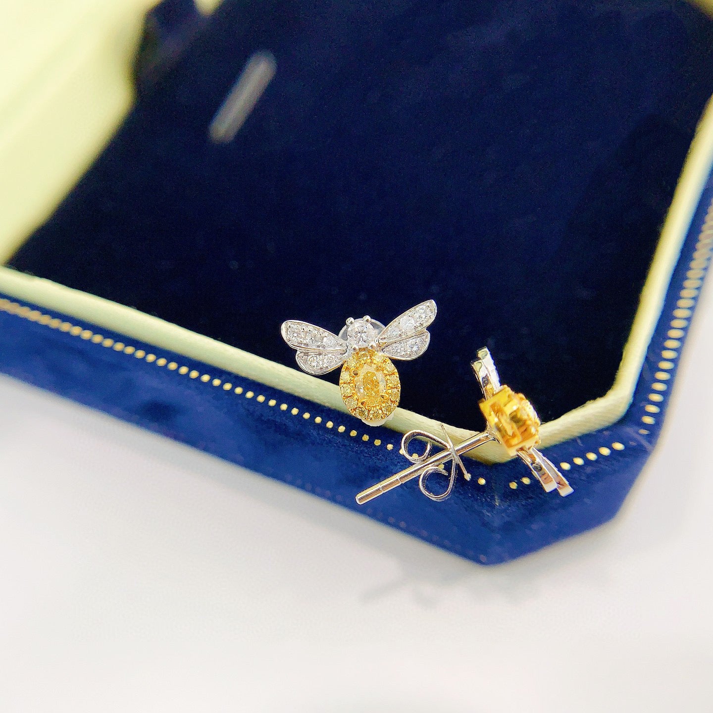 18K Solid Gold Yellow Diamond Bee Stud Earrings