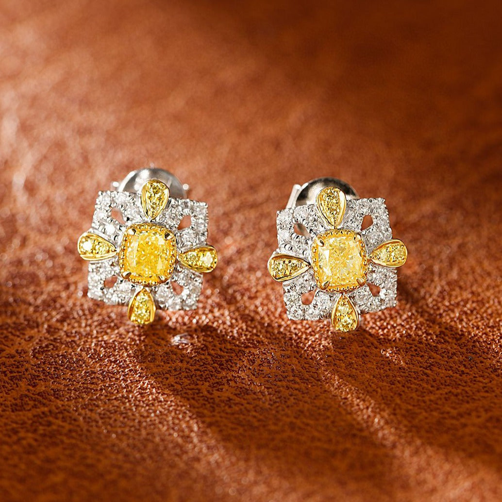 Art Deco 18K Solid Gold Yellow Diamond Stud Earrings