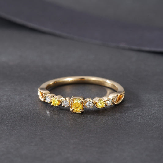 Art Deco 18K Solid Gold Yellow Diamond Ring, wedding ring