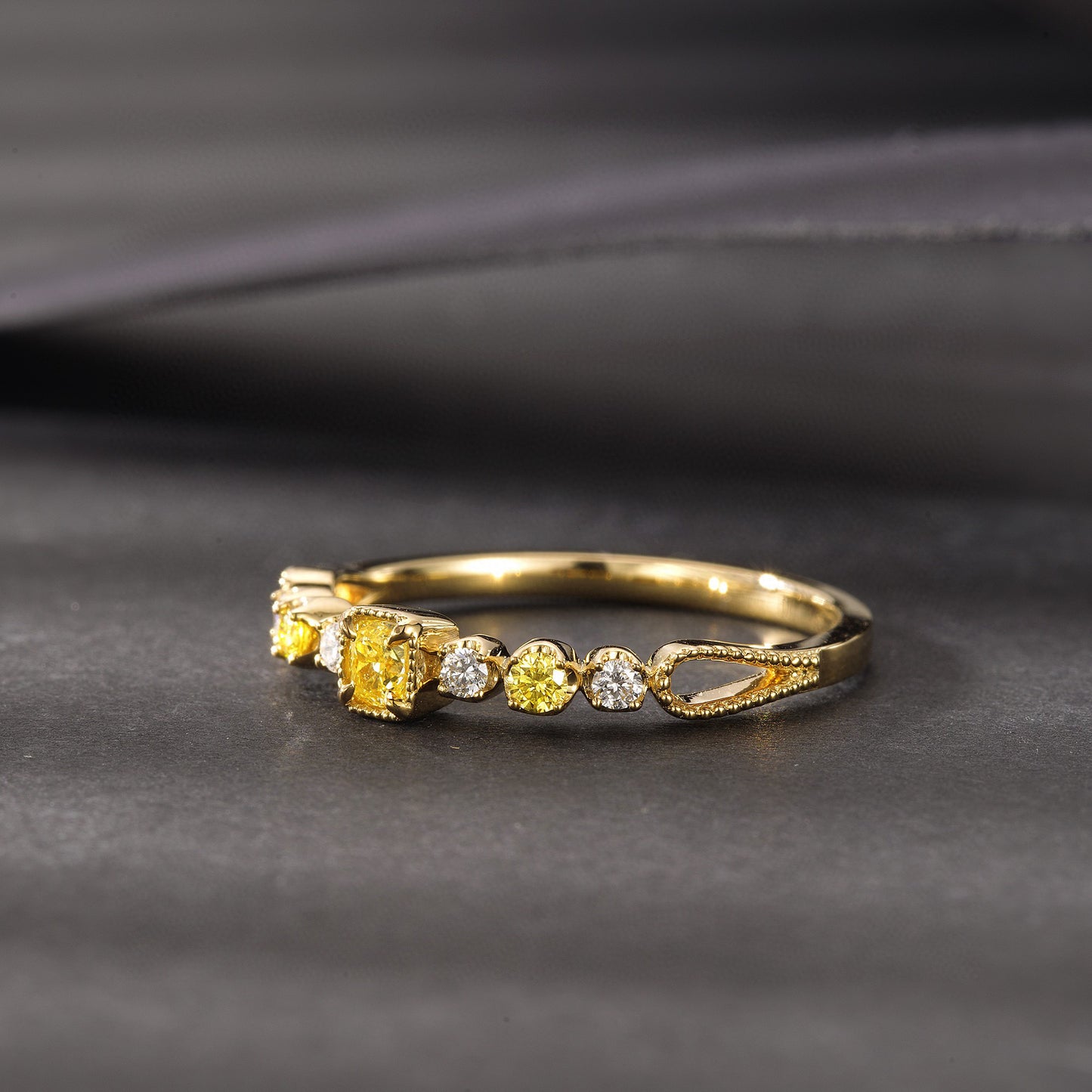 Art Deco 18K Solid Gold Yellow Diamond Ring, wedding ring