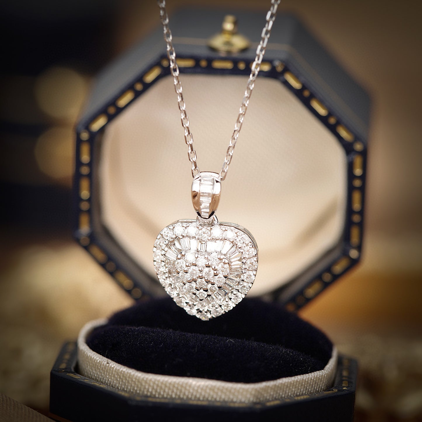 Classic 18K Solid Gold Heart Full Diamond Pendant Necklace