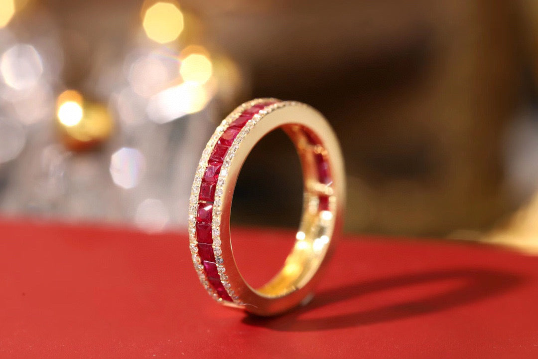 Vintage 18K Solid Gold Ruby Diamond Half Eternity Band