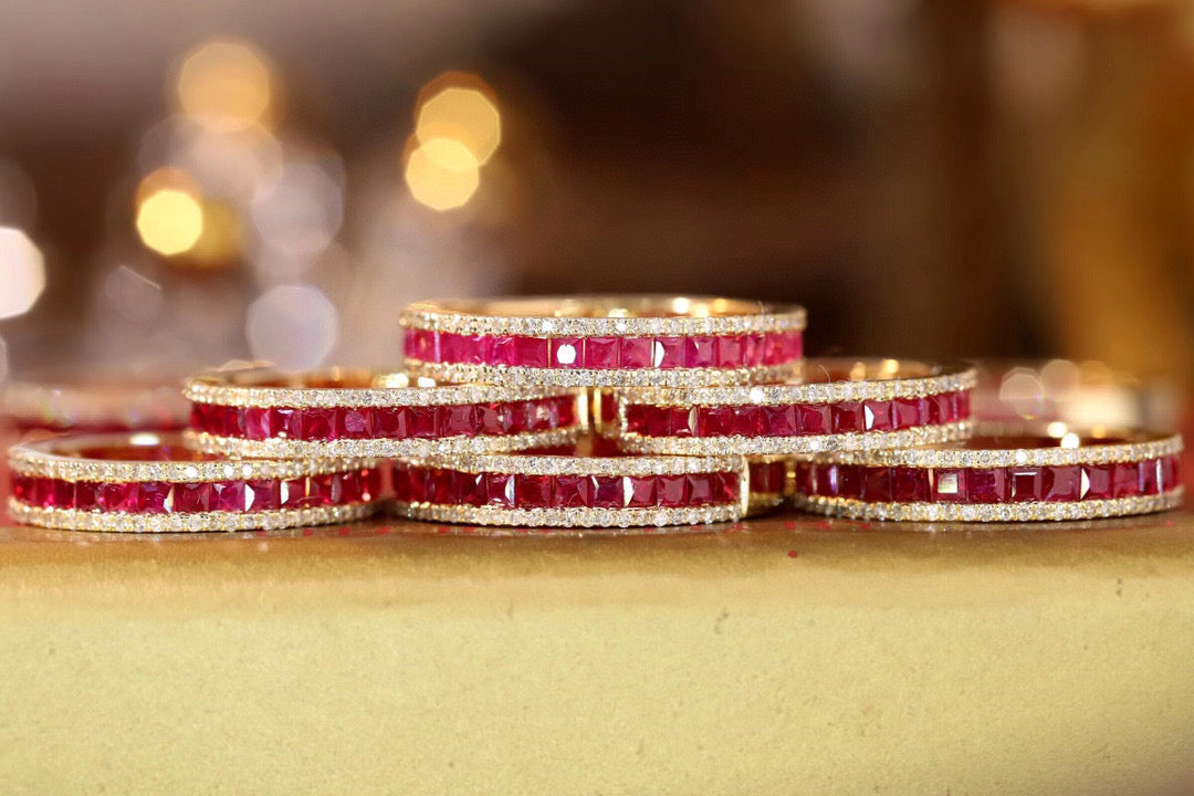 Vintage 18K Solid Gold Ruby Diamond Half Eternity Band