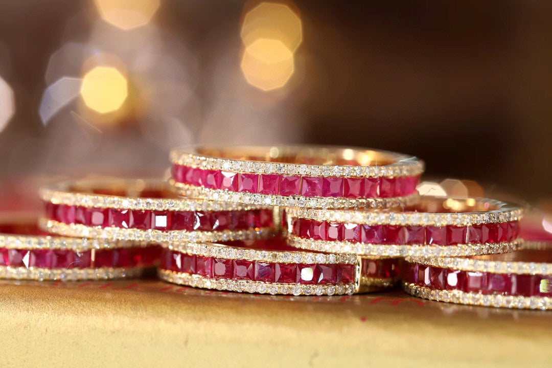 Vintage 18K Solid Gold Ruby Diamond Half Eternity Band