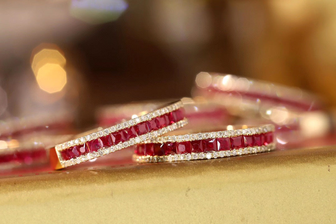 Vintage 18K Solid Gold Ruby Diamond Half Eternity Band