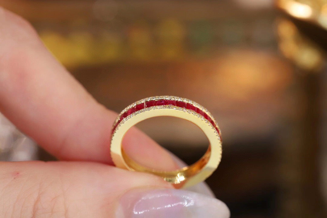 Vintage 18K Solid Gold Ruby Diamond Half Eternity Band