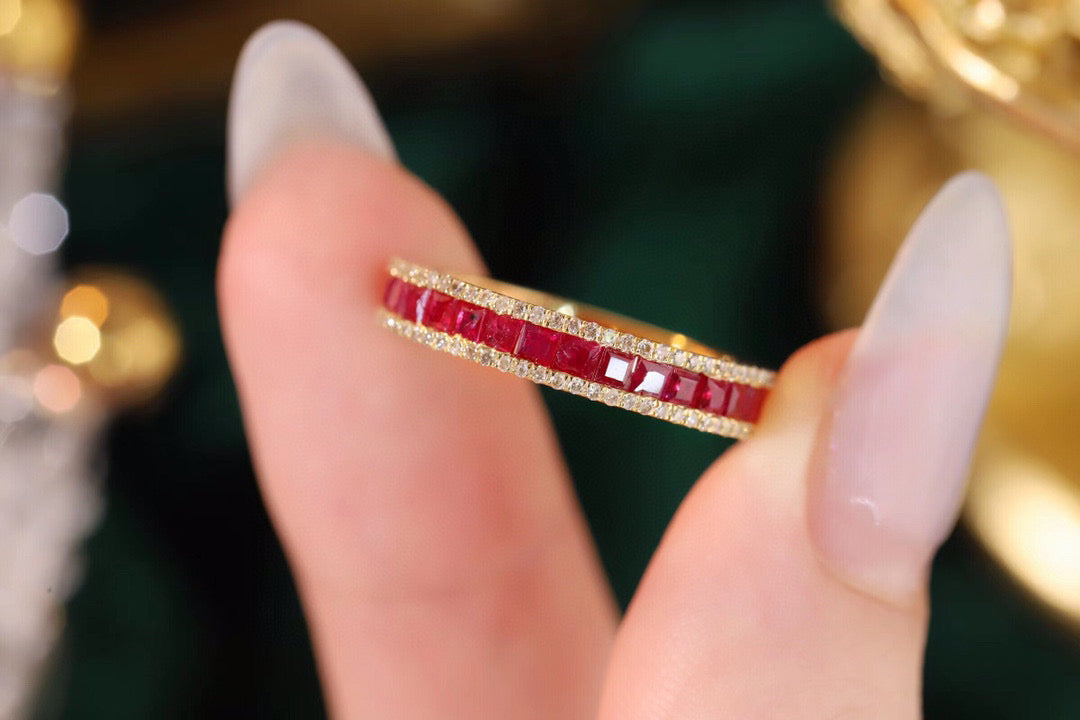 Vintage 18K Solid Gold Ruby Diamond Half Eternity Band