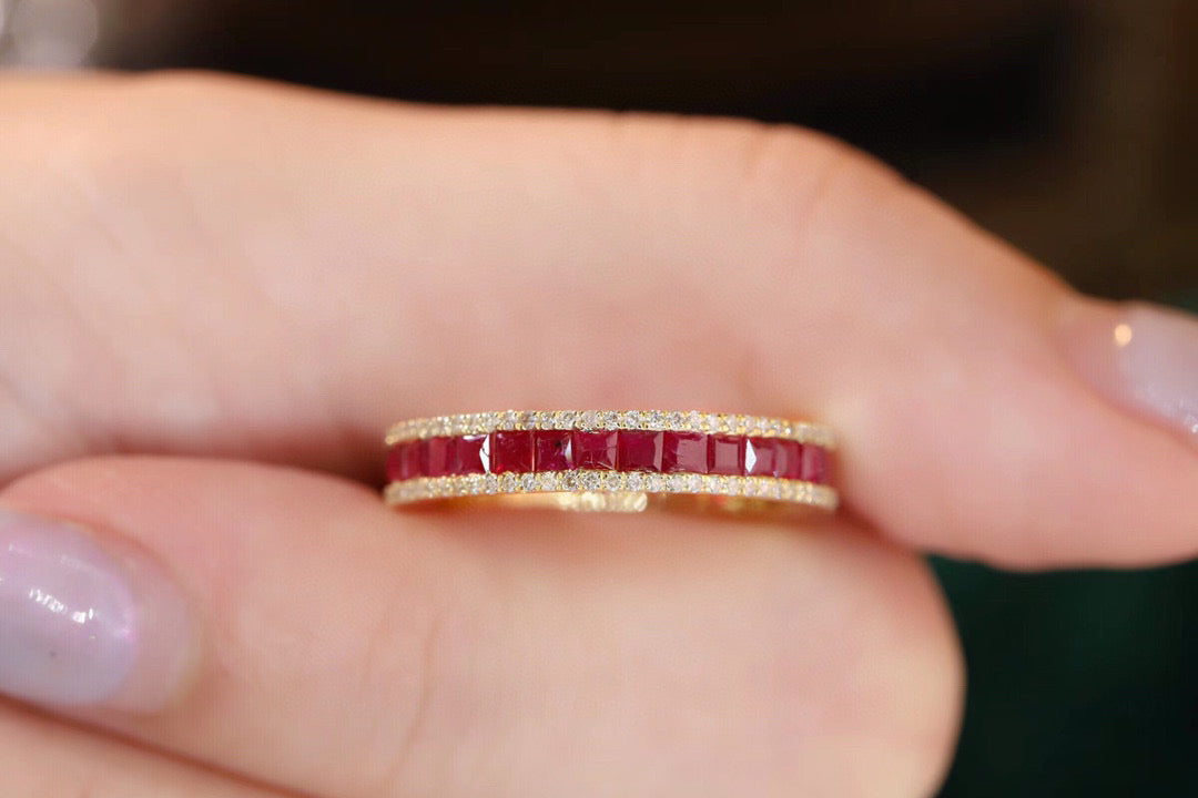 Vintage 18K Solid Gold Ruby Diamond Half Eternity Band