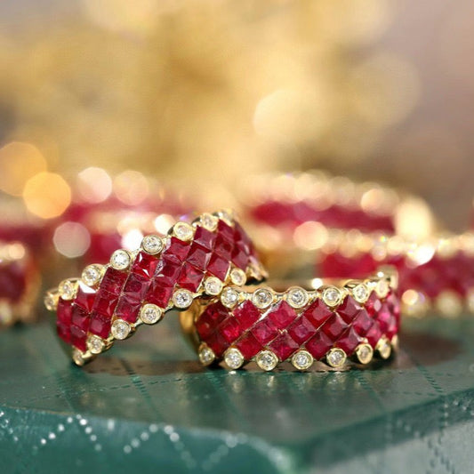 Art Deco 18K Solid Gold Ruby Diamond Band