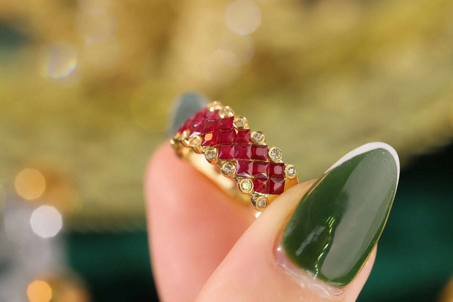 Art Deco 18K Solid Gold Ruby Diamond Band