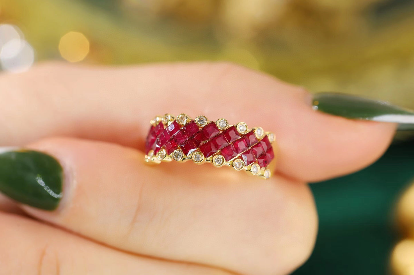 Art Deco 18K Solid Gold Ruby Diamond Band