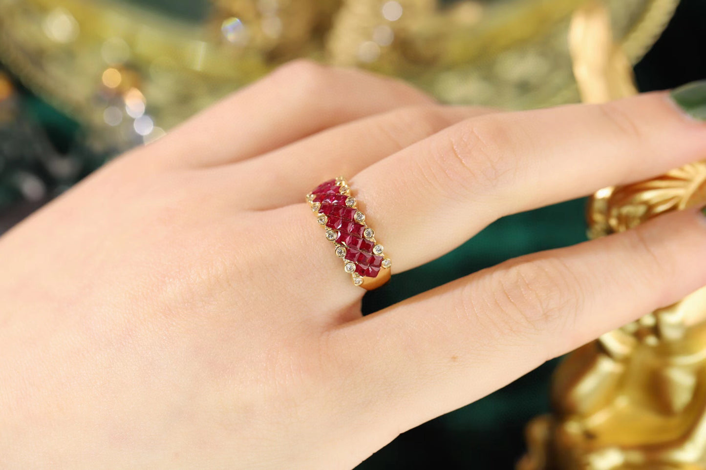 Art Deco 18K Solid Gold Ruby Diamond Band