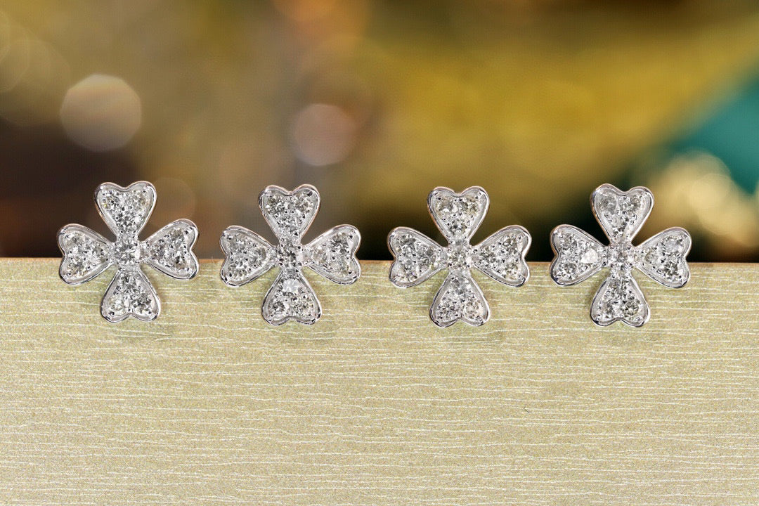 Classic 18K Solid Gold Diamond Four Leaf Flower Stud Earrings