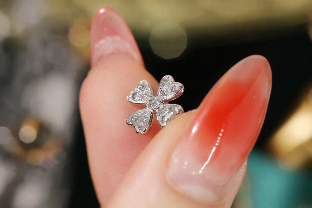 Classic 18K Solid Gold Diamond Four Leaf Flower Stud Earrings