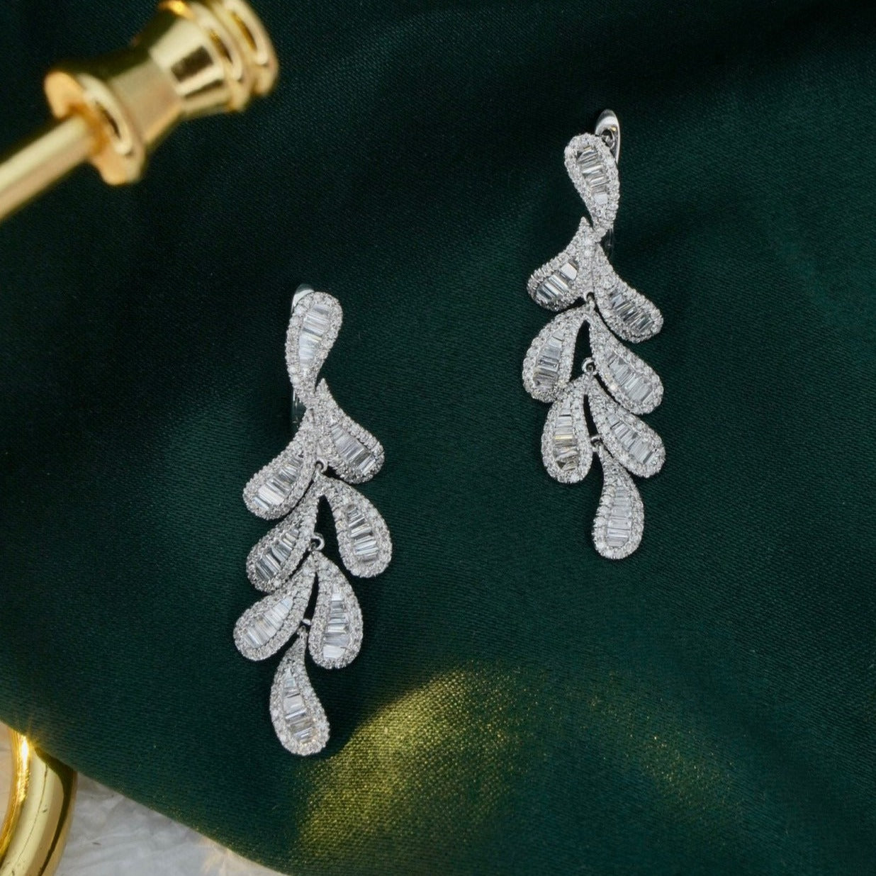 Fancy 18K Solid Gold Full Diamond Leaf Earrings