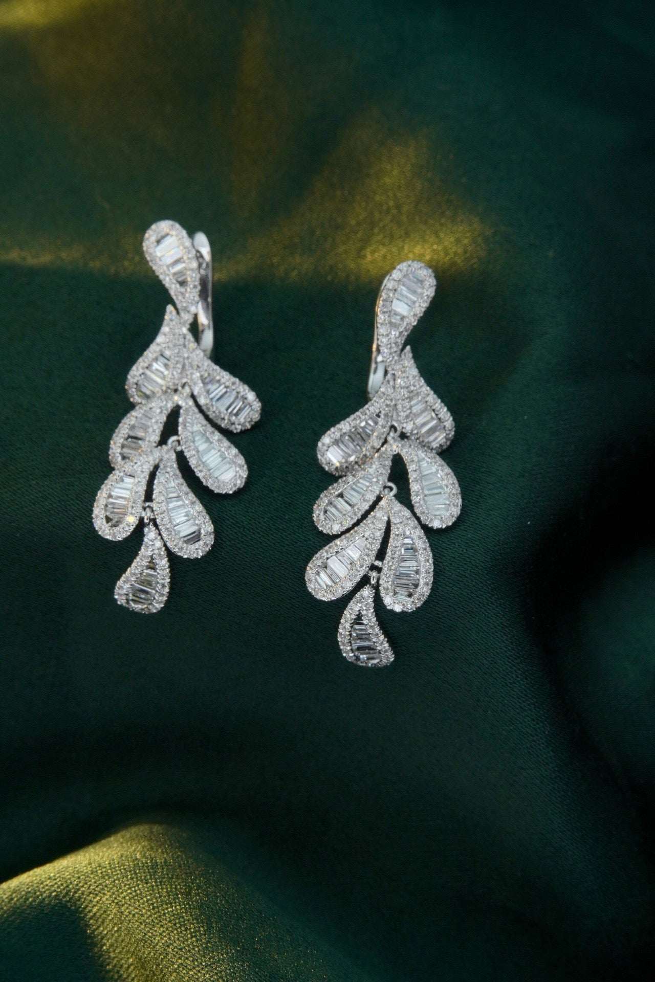 Fancy 18K Solid Gold Full Diamond Leaf Earrings