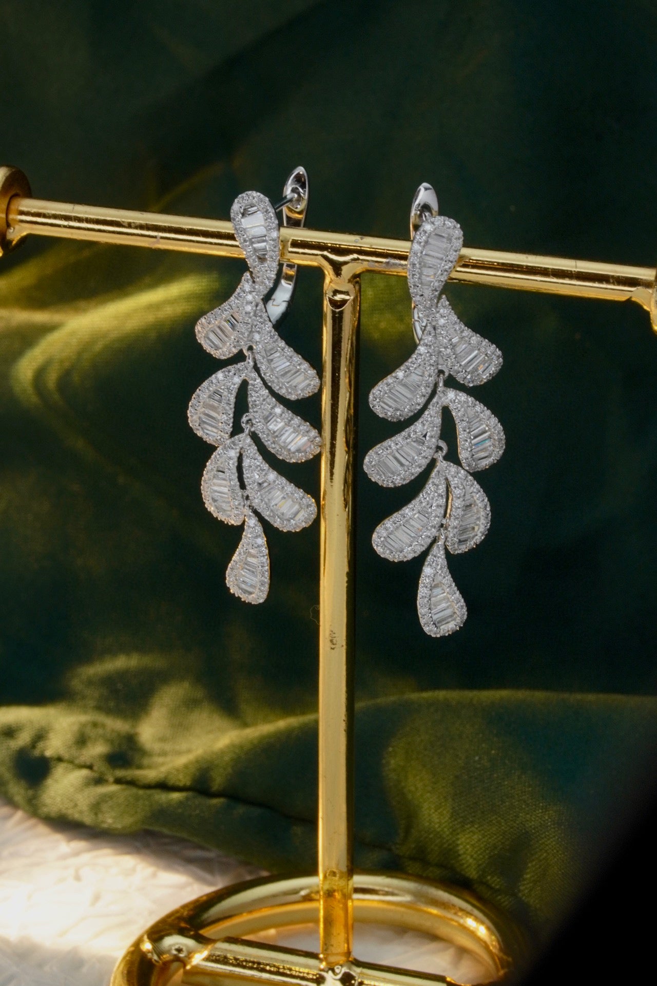 Fancy 18K Solid Gold Full Diamond Leaf Earrings