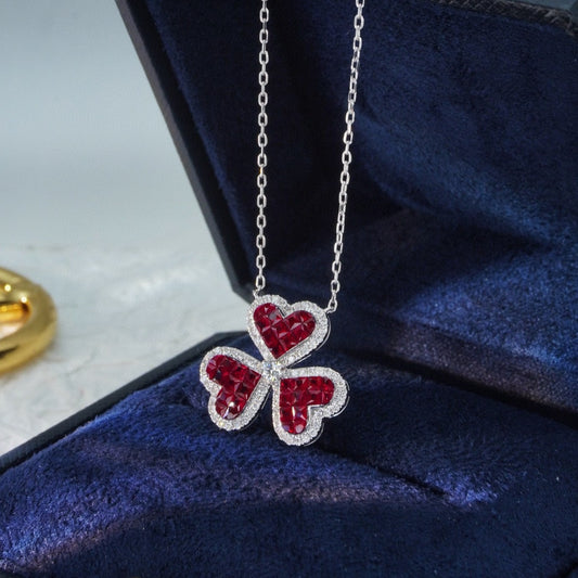 Vintage 18K Solid Gold Genuine Ruby Diamond Three Leaf Flower Necklace