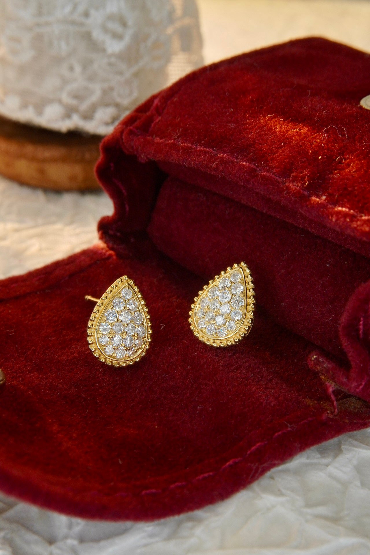 Vintage 18K Solid Gold Full Diamond Stud Earrings