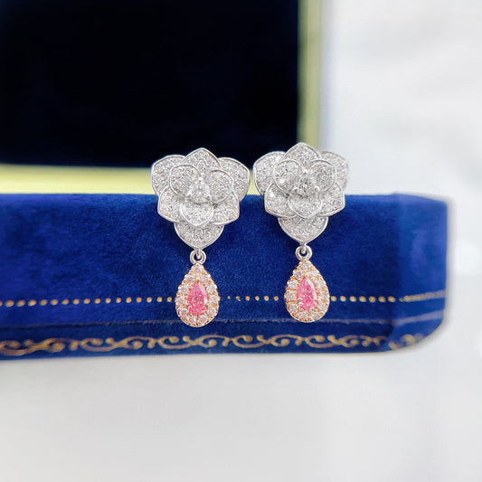 Vintage 18K Solid Gold Pink Diamond Rose Earrings