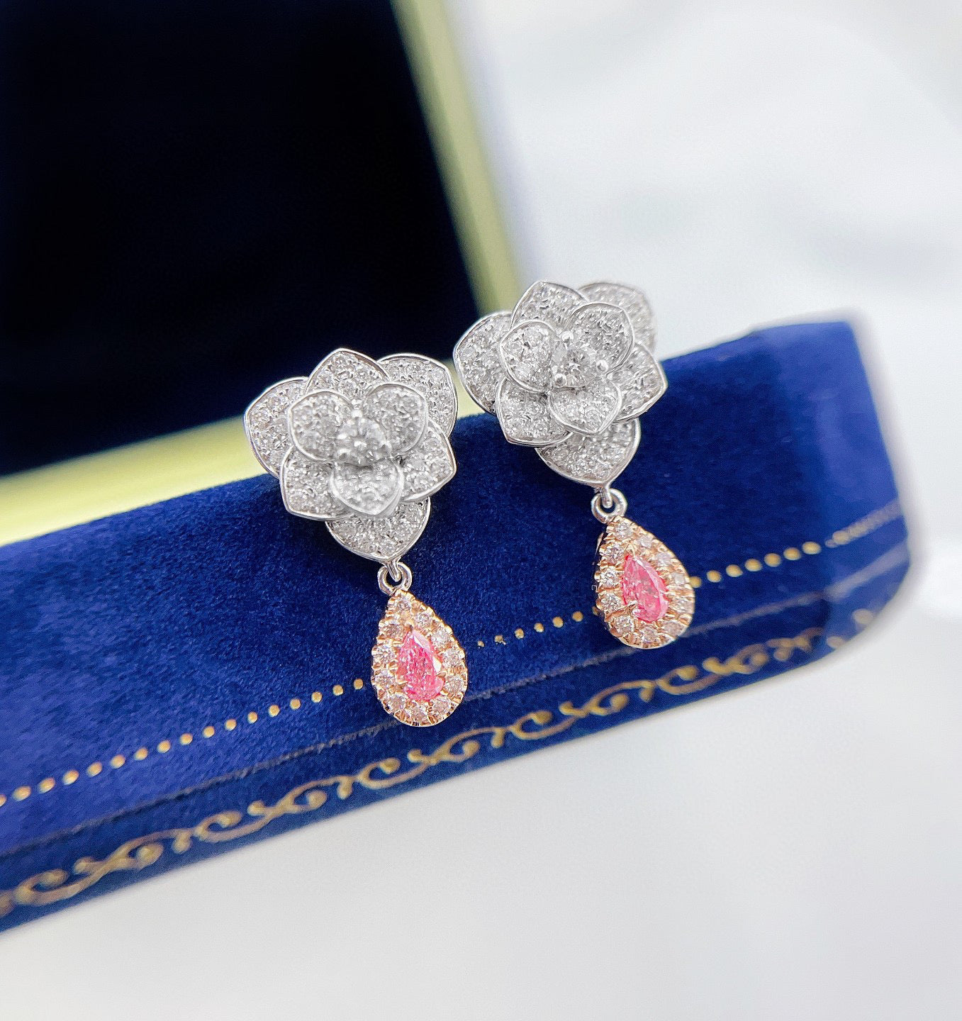 Vintage 18K Solid Gold Pink Diamond Rose Earrings