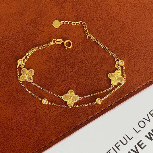 Vintage 18K Solid Gold Diamond Lucky Clover Layer Bracelet