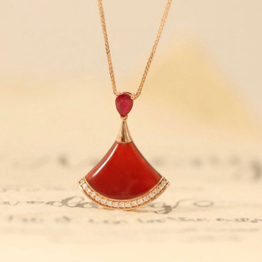 Vintage 18K Solid Gold Genuine Ruby Diamond Skirt Pendant Necklace