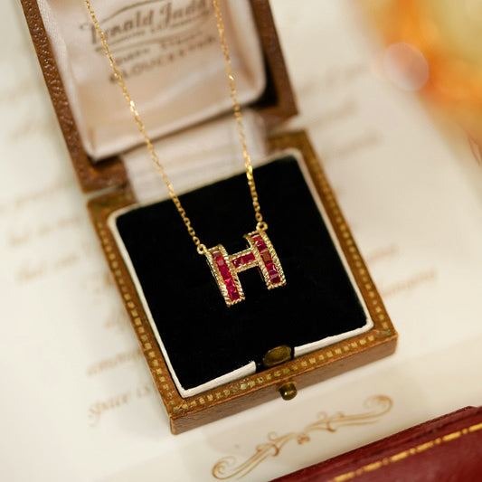 Vintage 18K Solid Gold Ruby H Pendant Necklace