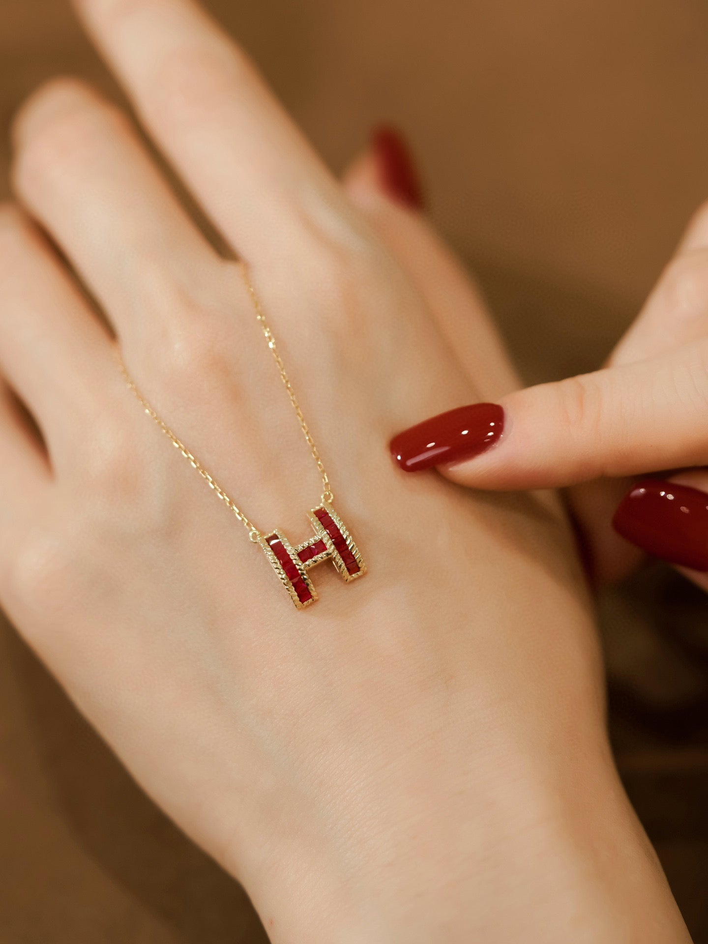 Vintage 18K Solid Gold Ruby H Pendant Necklace