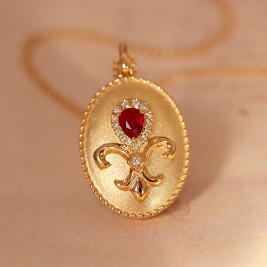 Vintage 18K Solid Gold Ruby Diamond Pendant , Gift for her