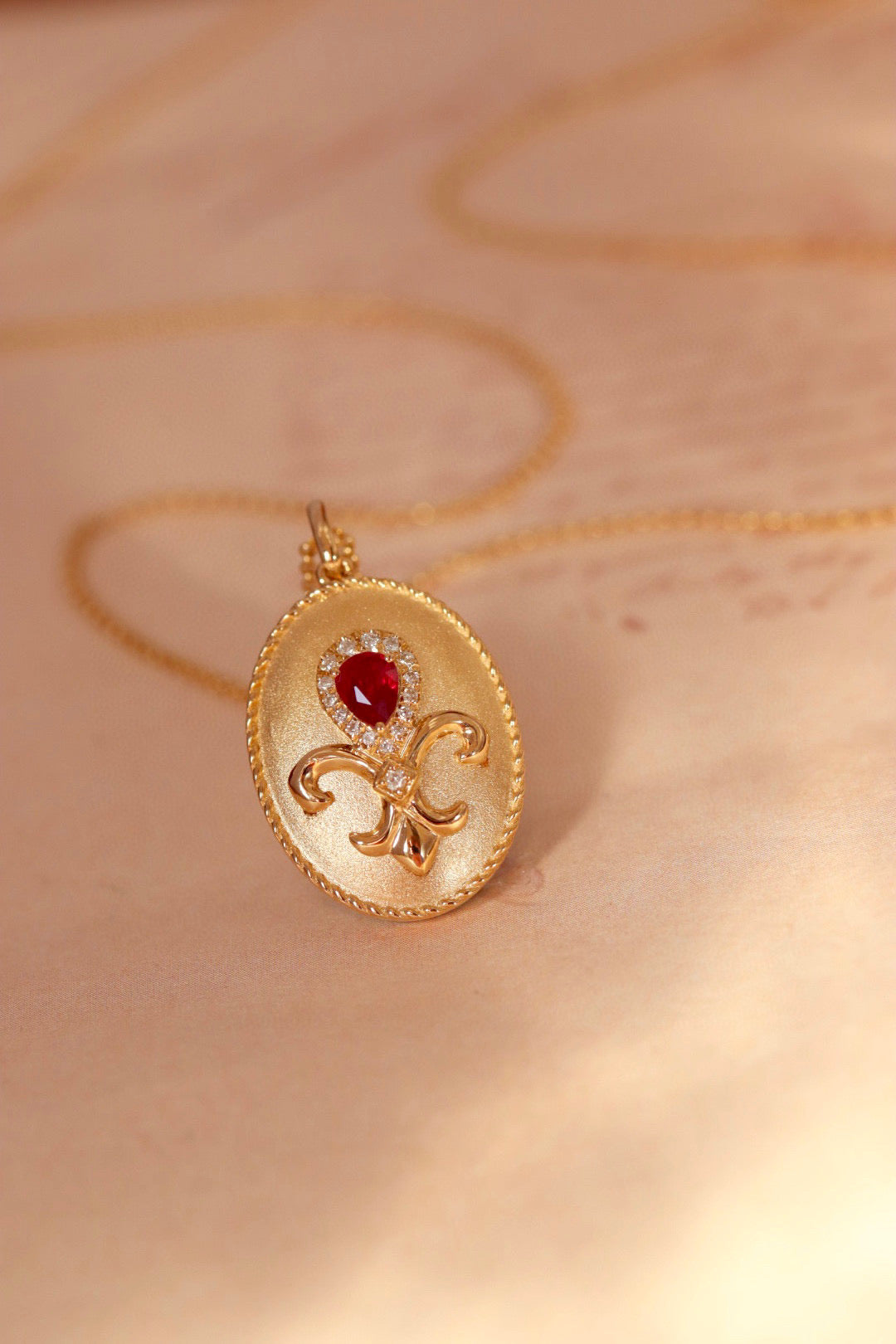 Vintage 18K Solid Gold Ruby Diamond Pendant , Gift for her