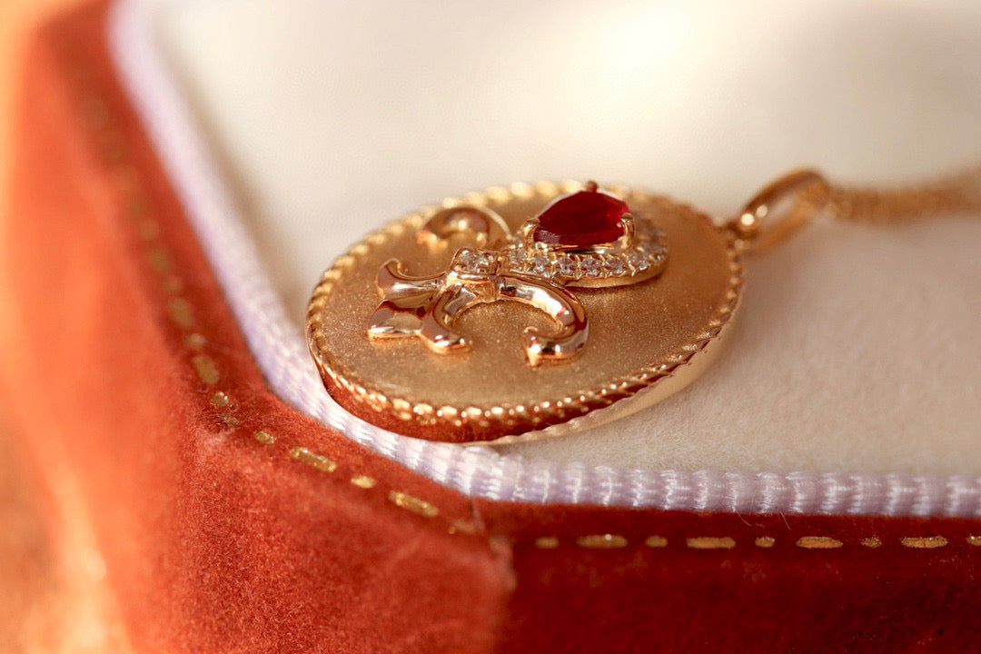 Vintage 18K Solid Gold Ruby Diamond Pendant , Gift for her