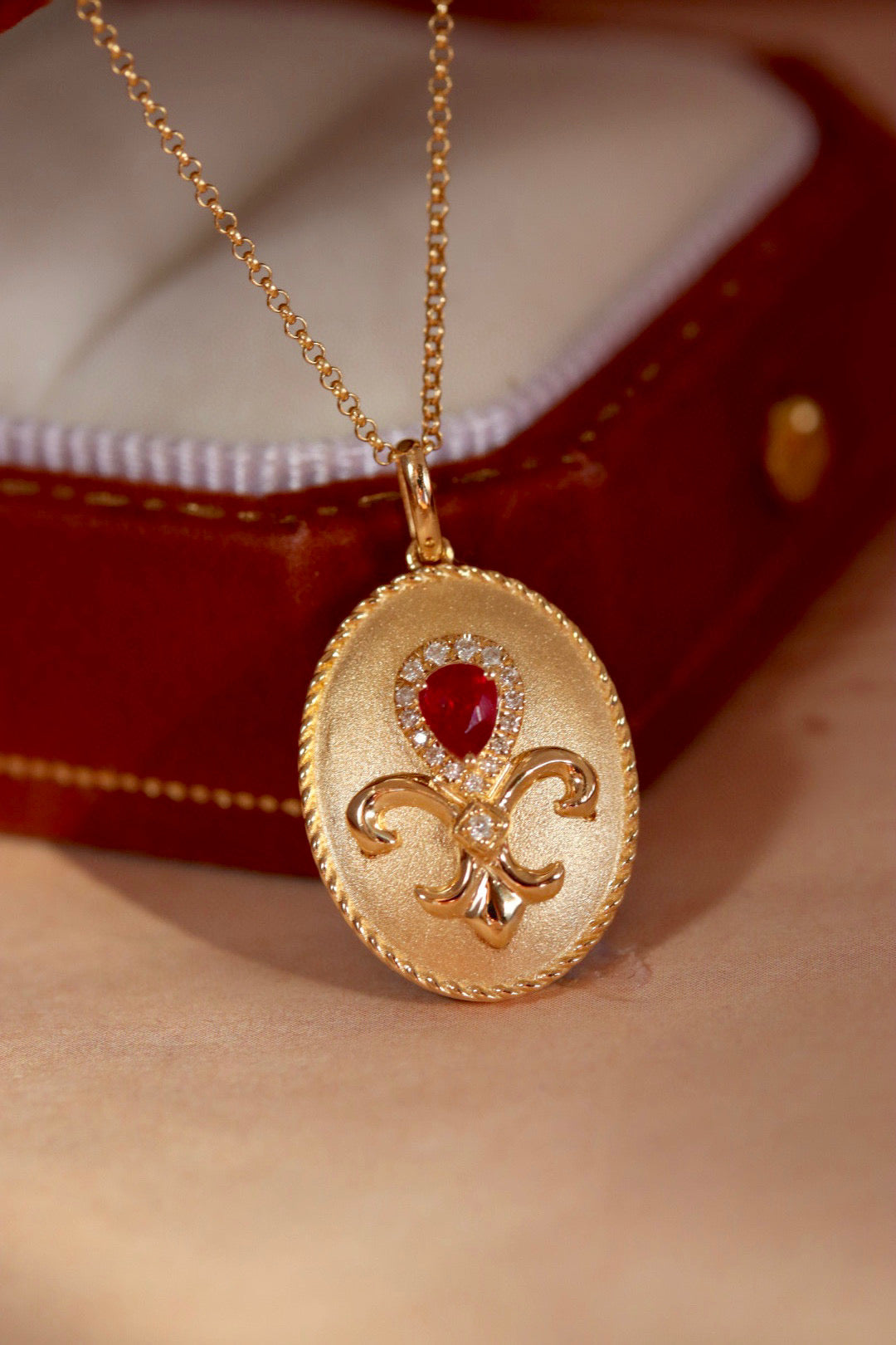 Vintage 18K Solid Gold Ruby Diamond Pendant , Gift for her