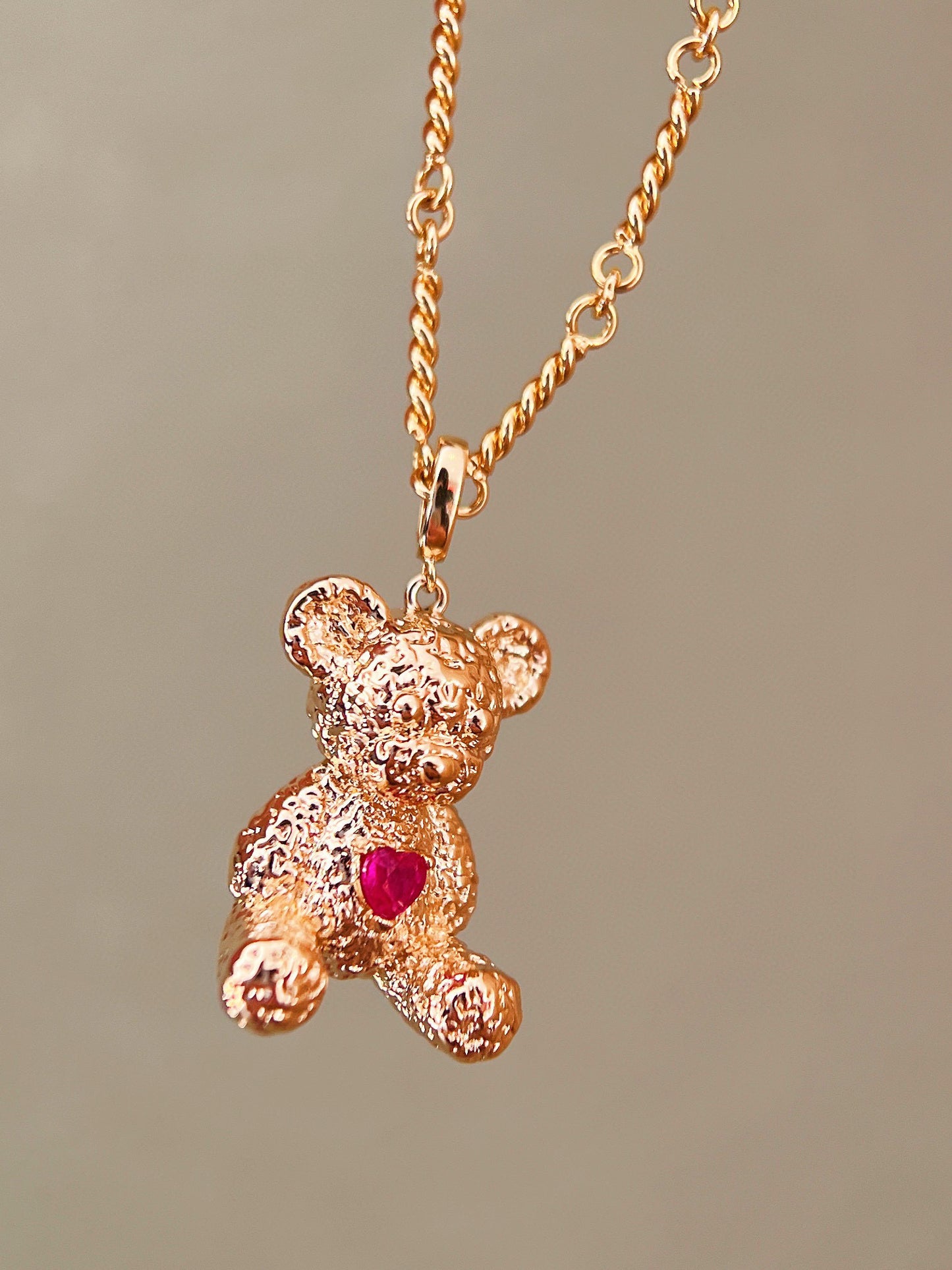 Vintage 18K Solid Gold Ruby Heart Bear Pendant