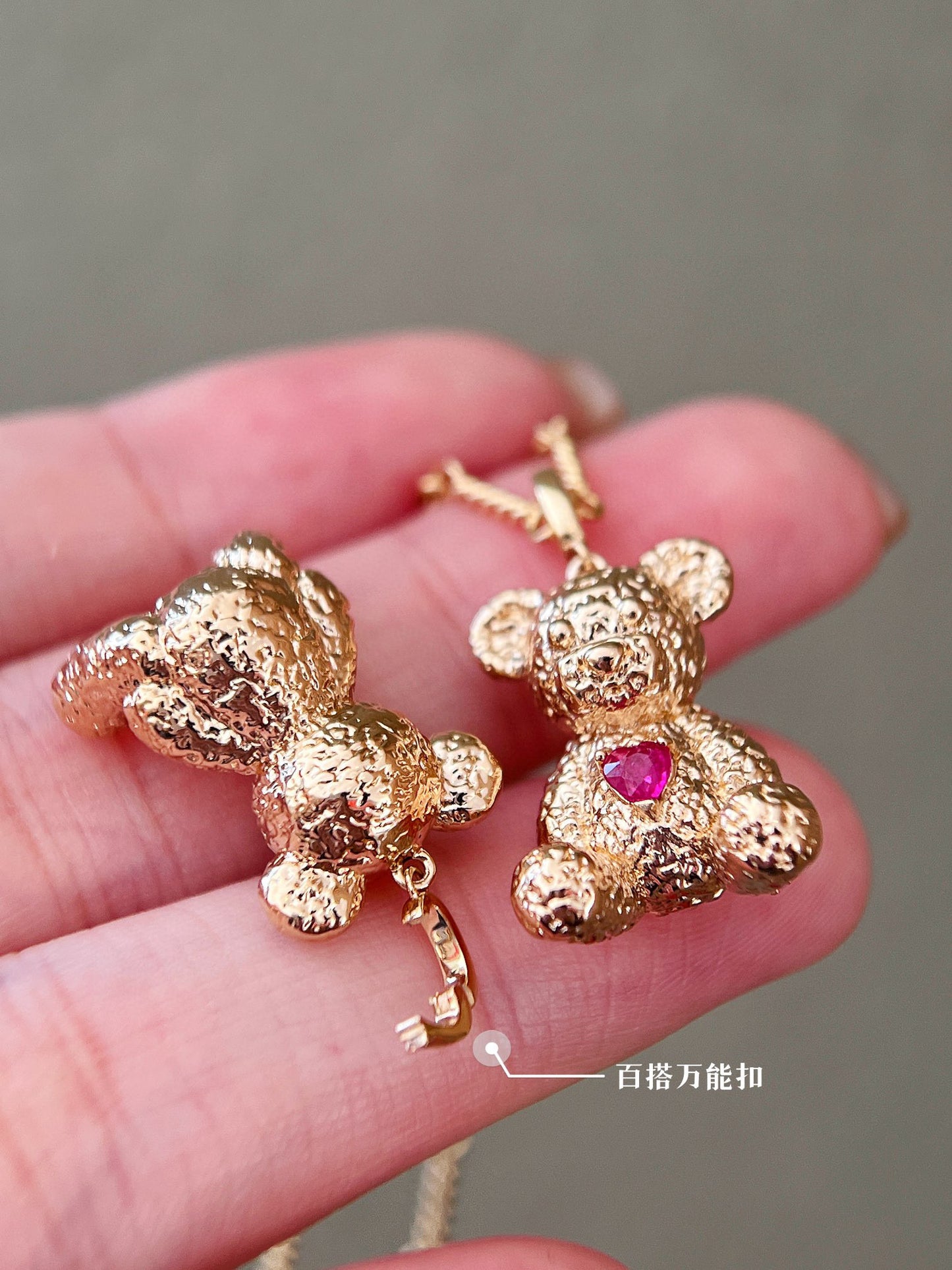 Vintage 18K Solid Gold Ruby Heart Bear Pendant