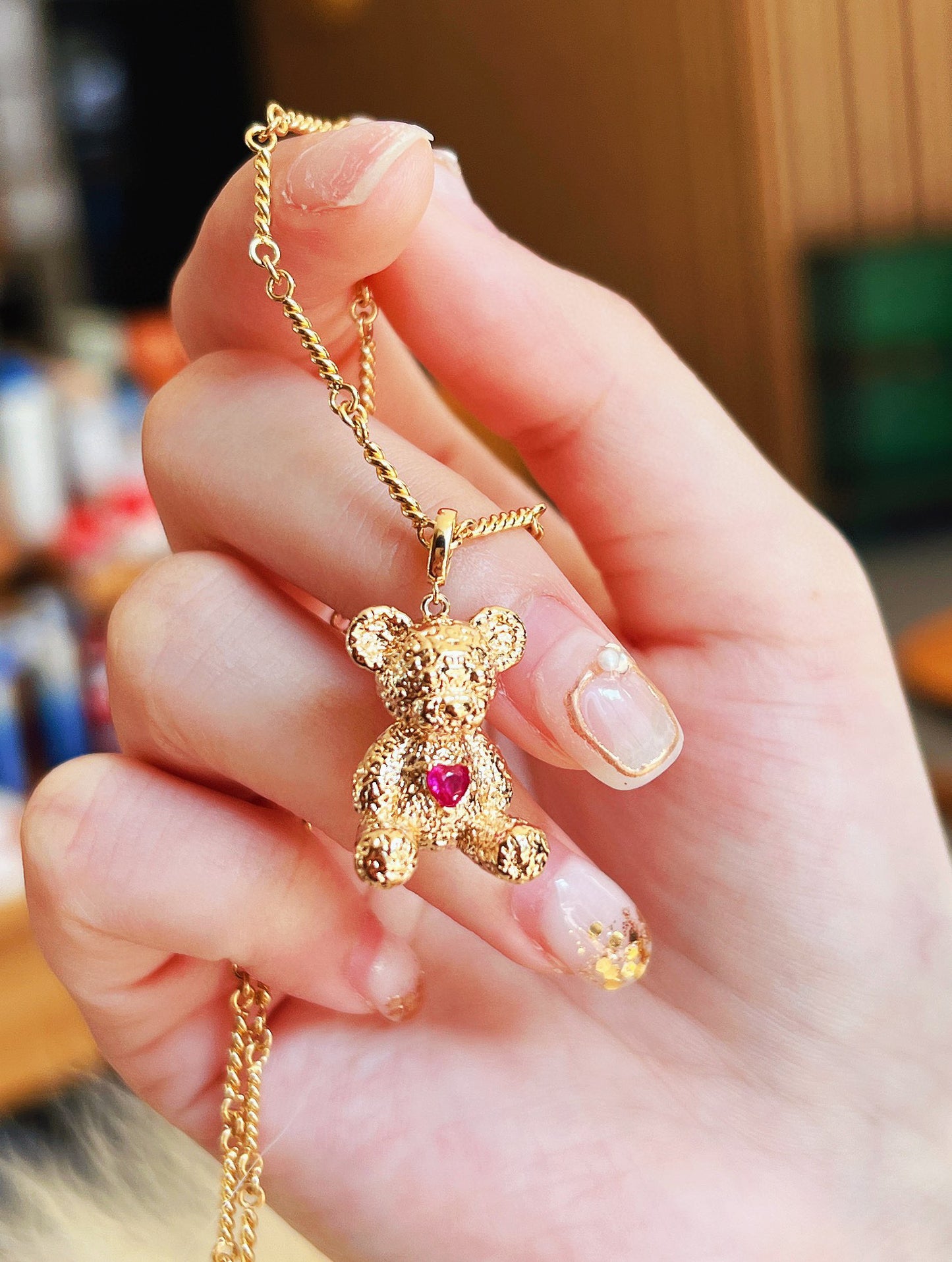 Vintage 18K Solid Gold Ruby Heart Bear Pendant