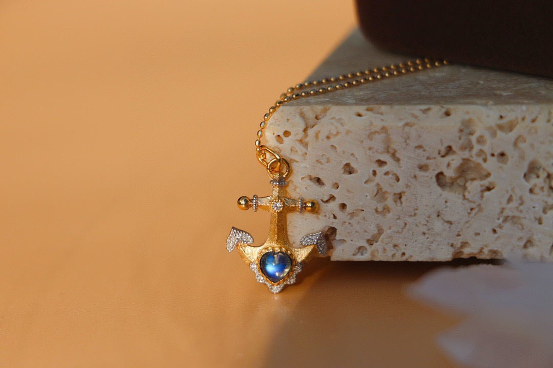 Vintage 18K Solid Gold Moonstone diamond Mariner Pendant, gift for her