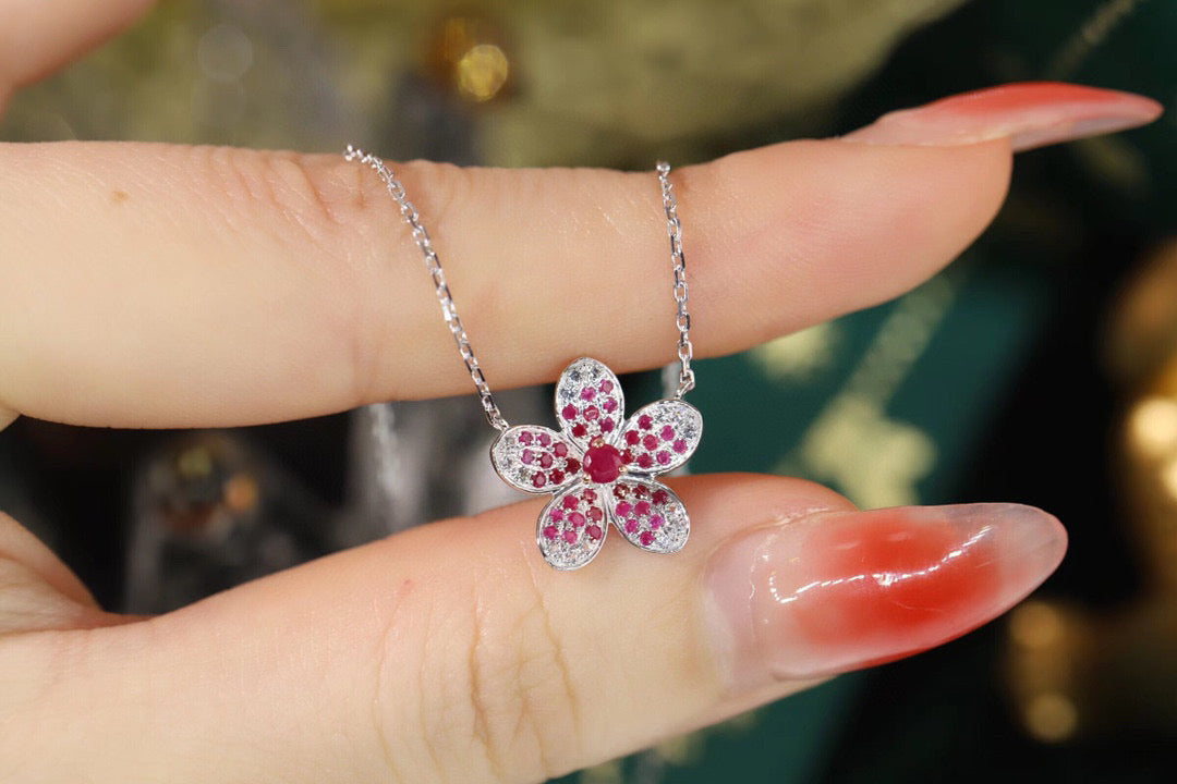 Vintage 18K Solid Gold Ruby Diamond Flower Necklace , Wedding Jewelry