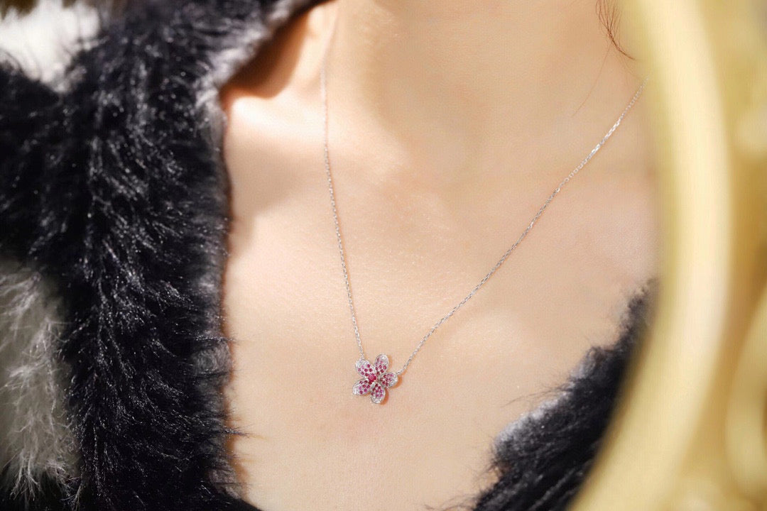 Vintage 18K Solid Gold Ruby Diamond Flower Necklace , Wedding Jewelry