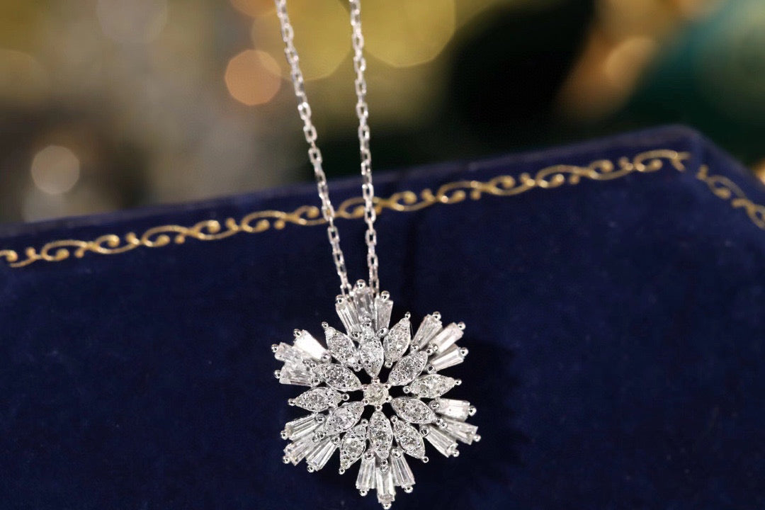 Vintage 18K Solid Gold Full Diamond Snowflake Necklace, Gift for her