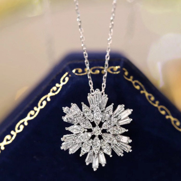 Vintage 18K Solid Gold Full Diamond Snowflake Necklace, Gift for her