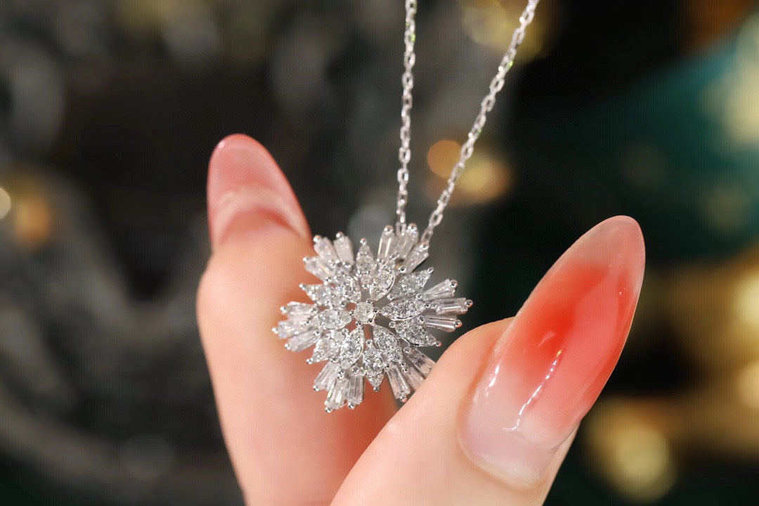 Vintage 18K Solid Gold Full Diamond Snowflake Necklace, Gift for her