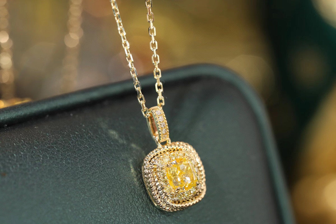 Classic 18K Solid Gold Yellow Diamond Pendant Necklace , Wedding Necklace