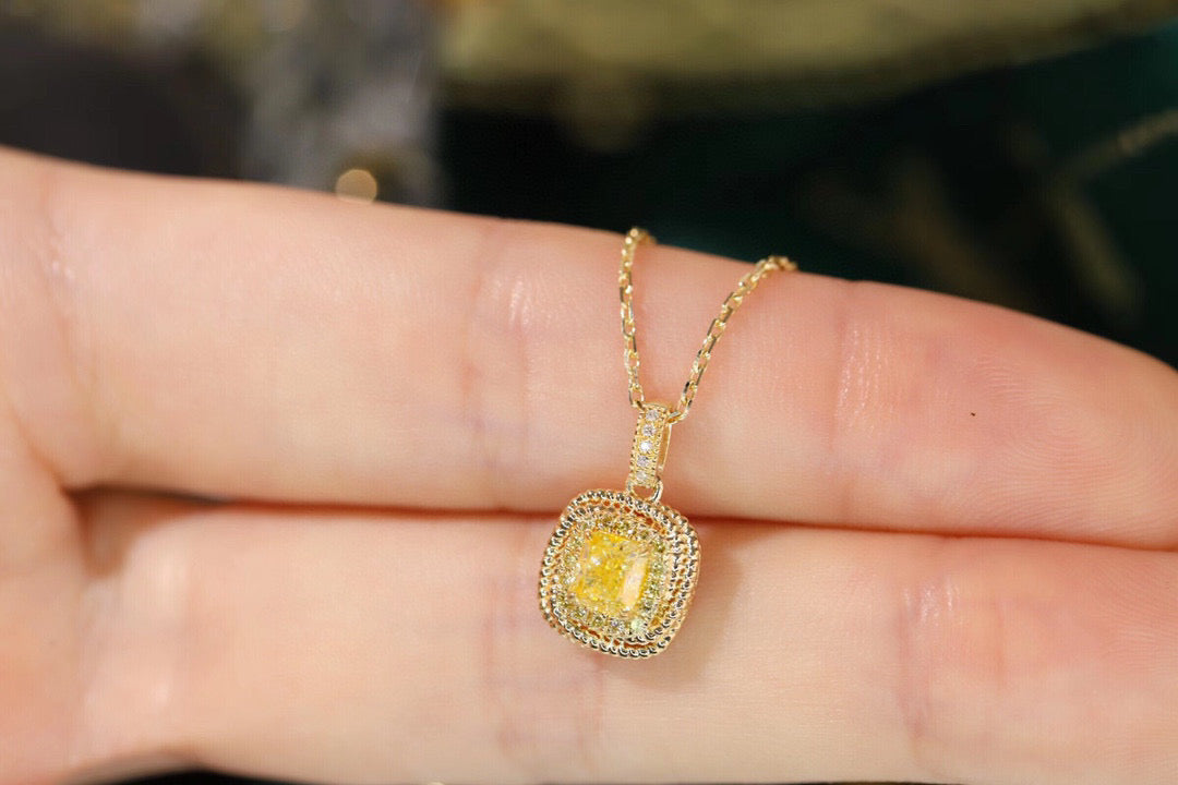 Classic 18K Solid Gold Yellow Diamond Pendant Necklace , Wedding Necklace