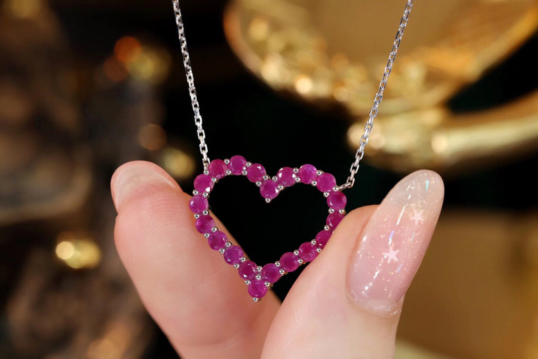 Classic 18K Solid Gold Natural Ruby Heart Necklace, Sapphire Heart Necklace