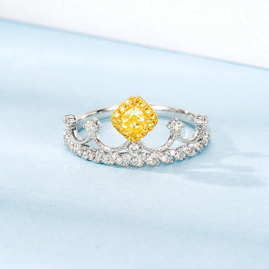 Vintage 18K Solid Gold Yellow Diamond Crown Ring, Wedding Ring